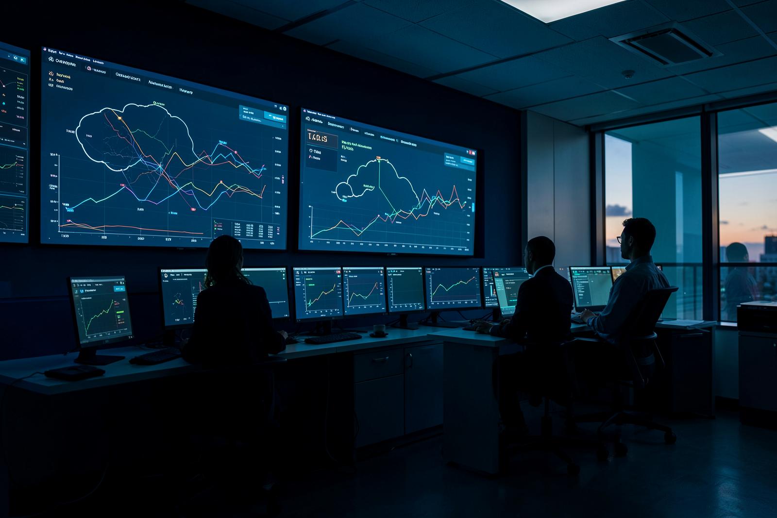 Centro de operações com painéis de monitoramento de infraestrutura crítica e custos cloud