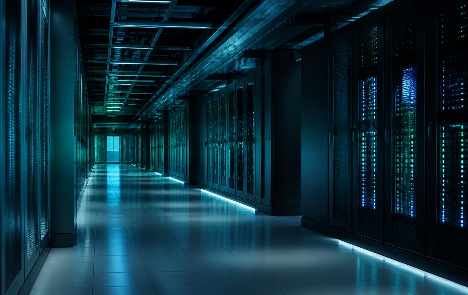 Corredor de datacenter iluminado em tons de azul e teal