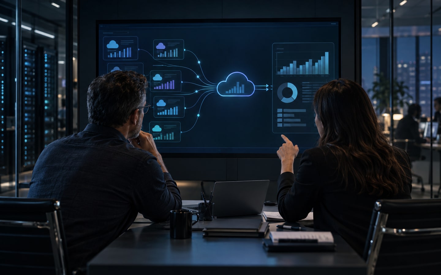Líderes de tecnologia e finanças analisando custos consolidados de múltiplas contas de cloud