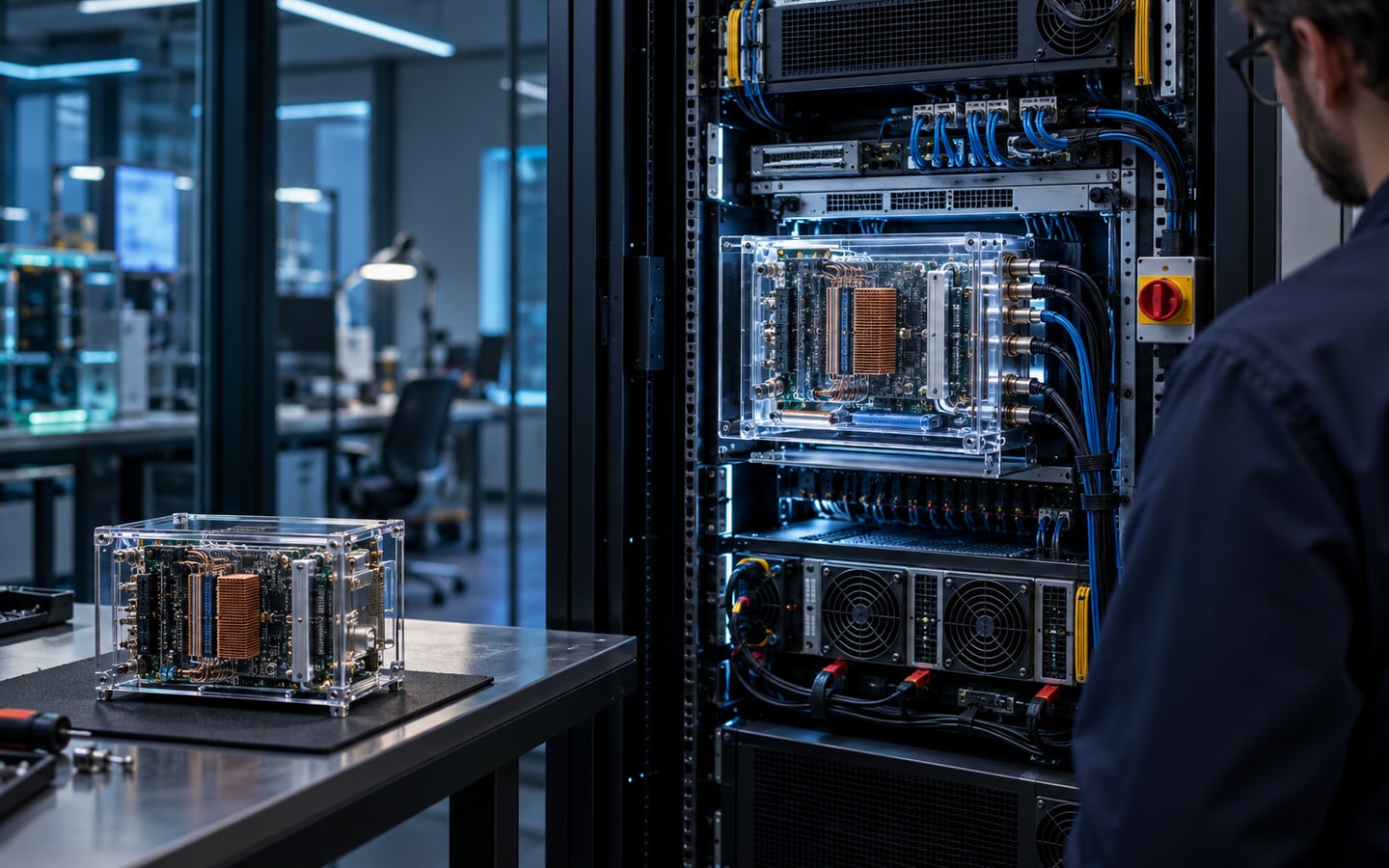 Módulo de computação isolado em uma bancada e outro integrado a um rack com cabeamento, alimentação e controle de desligamento, sob inspeção técnica