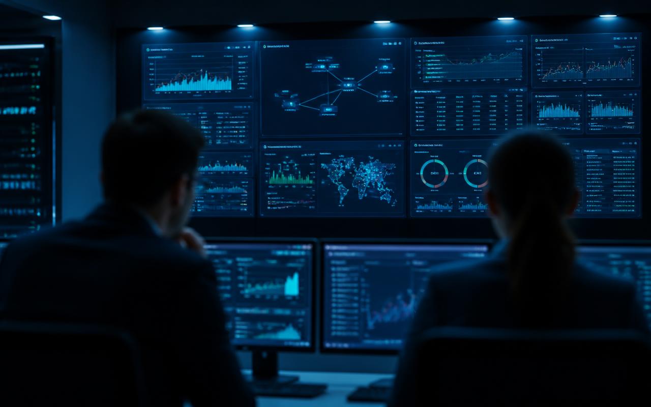 Equipe acompanhando painéis de monitoramento de ambiente e indicadores de operação de TI