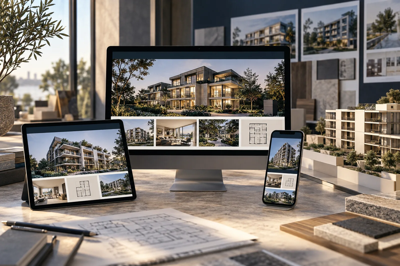 Plataforma responsiva exibindo diferentes empreendimentos imobiliários