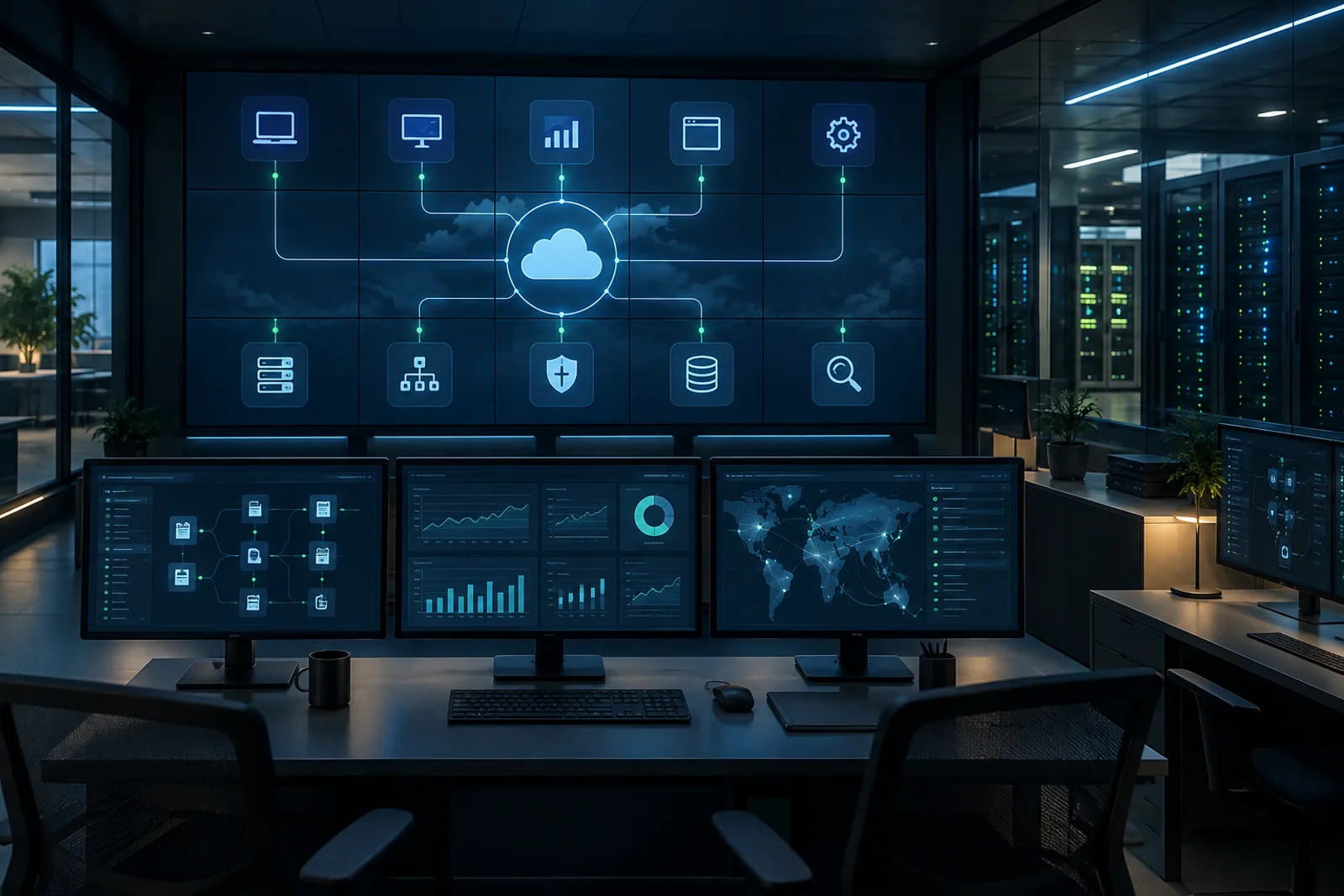 Centro de operações monitorando serviços, segurança e infraestrutura cloud