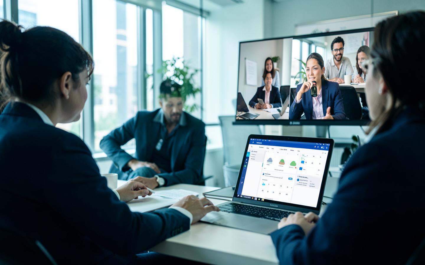 Equipe corporativa utilizando ferramentas de colaboração em nuvem